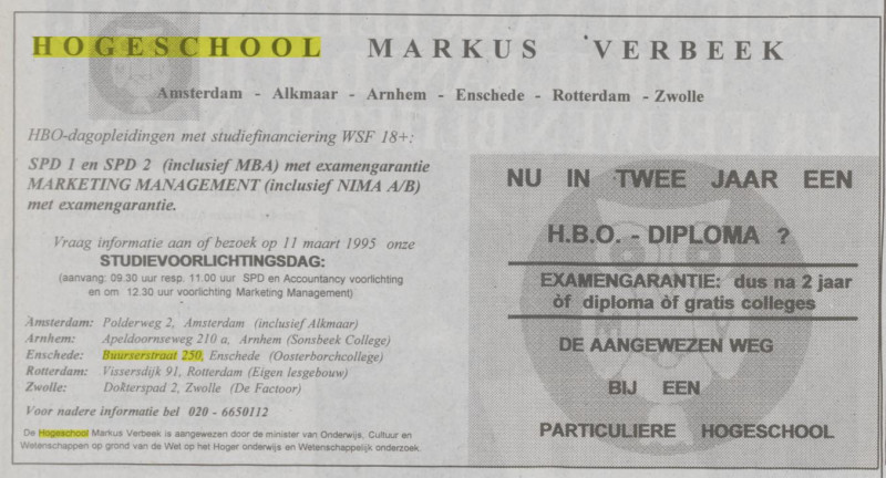 Buurserstraat 250 Hogeschool Markus Verbeek Oosterborchcollege advertentie De Vol;kskrant 25-2-1995.jpg