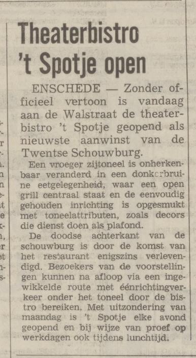 Walstraat 16 Theaterbistro 't Spotje krantenbericht Tubantia 1-11-1974.jpg