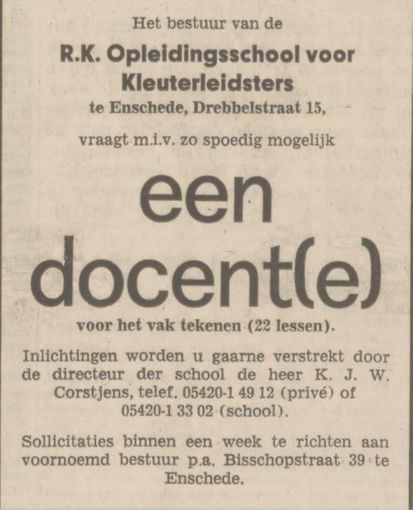 Drebbelstraat 15 R.K. Opleidingsschool voor Kleuterleidsters advertentie Tubantia 30-10-1971.jpg