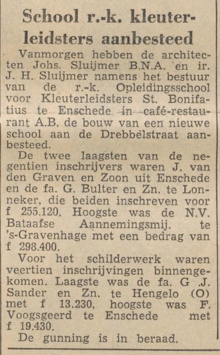 Drebbelstraat 15 R.K. Opleidingsschool voor Kleuterleidsters St. Bonifatius krantenbericht Tubantia 28-4-1961.jpg