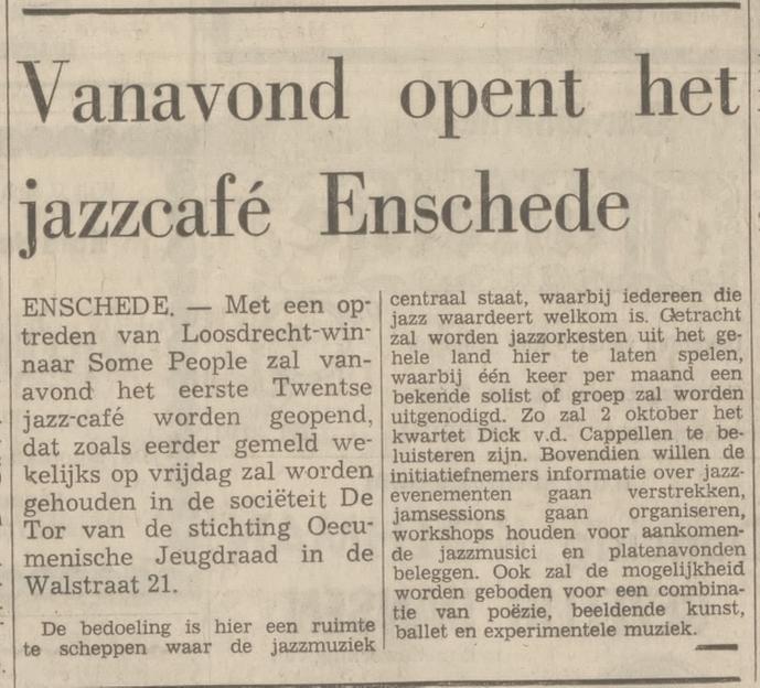 Walstraat 21 Jazzcafe De Tor krantenbericht Tubantia 4-9-1970.jpg