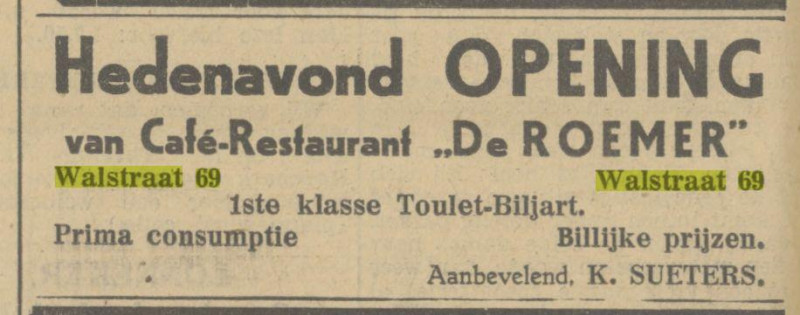 Walstraat 69 cafe restaurant De Roemer Advertentie. Twentsch dagblad Tubantia en Enschedesche courant. Enschede, 11-06-1932.jpg