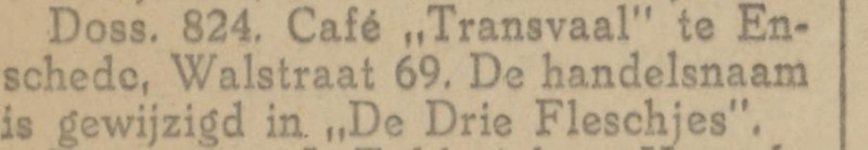 Walstraat 69 cafe Transvaal gewijzigd in De Drie Fleschjes krantenbericht Tubantia 6-10-1924.jpg