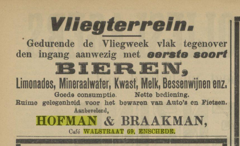 Walstraat 69 cafe Hofman & Braakman Advertentie. Tubantia. Enschede, 29-09-1910.jpg
