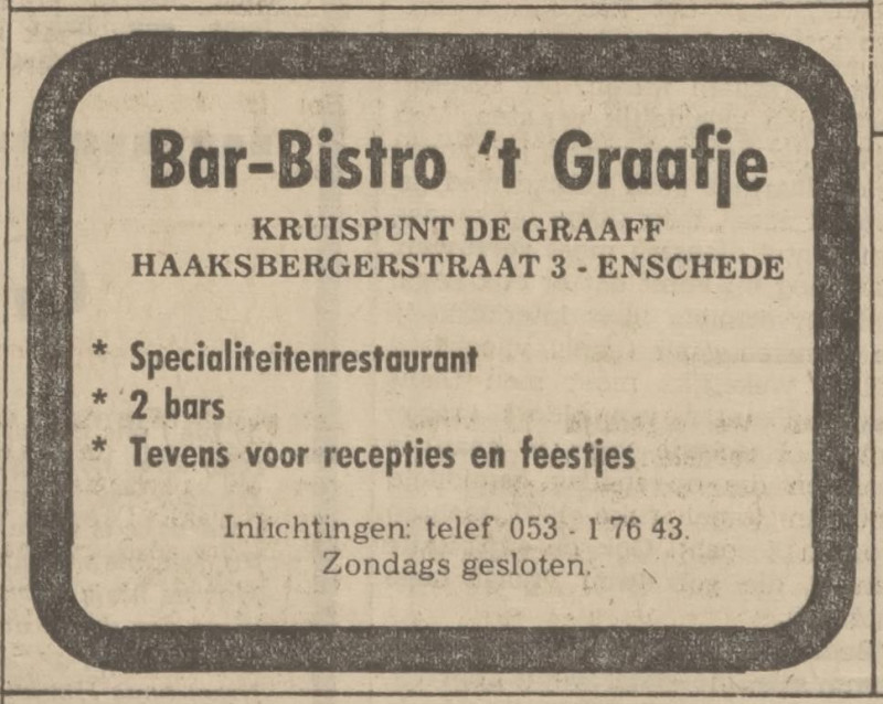 Haaksbergerstraat 3 Bar Bistro 't Graafje advertentie Tubantia 24-1-1975.jpg