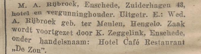 Zuiderhagen 43 Hotel Rijbroek voortgezet door K. Zeggelink onder de naam Hotel De Zon krantenbericht Overijsselsch Dagblad 15-6-1926.jpg
