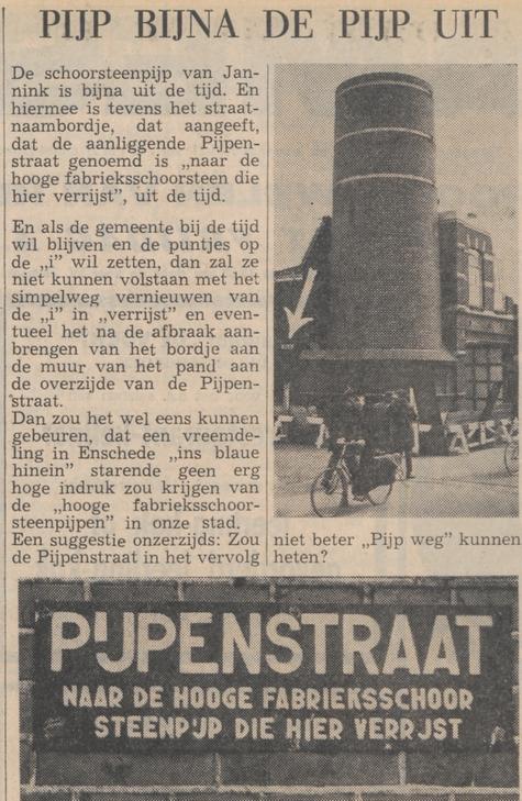 Pijpenstraat schoorsteenpijp Jannink krantenfoto Tubantia 16-3-1965.jpg