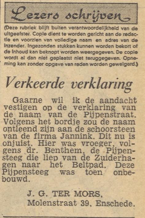 Pijpensteeg later Pijpenstraat krantenbericht Tubantia 9-5-1961.jpg