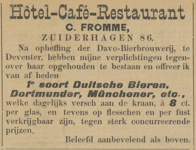Zuiderhagen 86 Hotel cafe restaurant C. Fromme advertentie Tubantia 28-12-1907.jpg