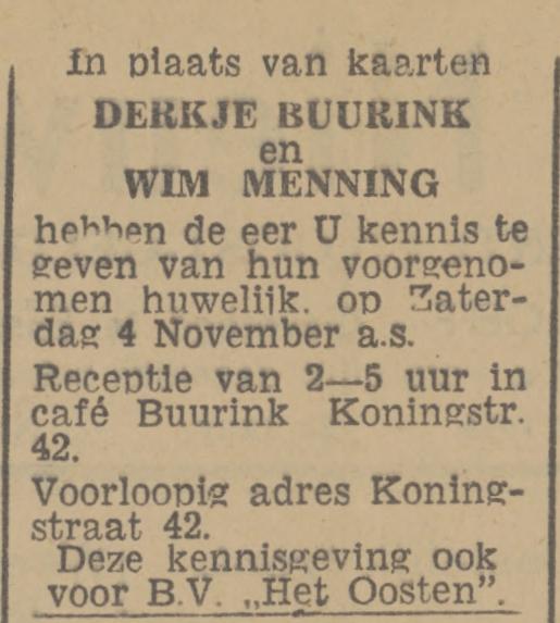Koningstraat 42 cafe Buurink advertentie Twentsch nieuwsblad 3-11-1944.jpg