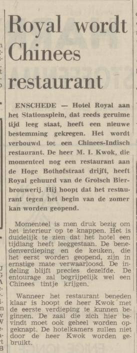 Hengelosestraat 35 hoek Stationsplein 1 Royal wordt Chinees restaurant krantenbericht Tubantia 14-6-1971.jpg