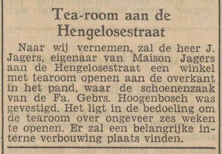 Hengelosestraat 27 Tearoom Maison Jagers in pand schoenenzaak Fa. Gebr. Hoogenbosch krantenbericht Tubantia 29-6-1953.jpg