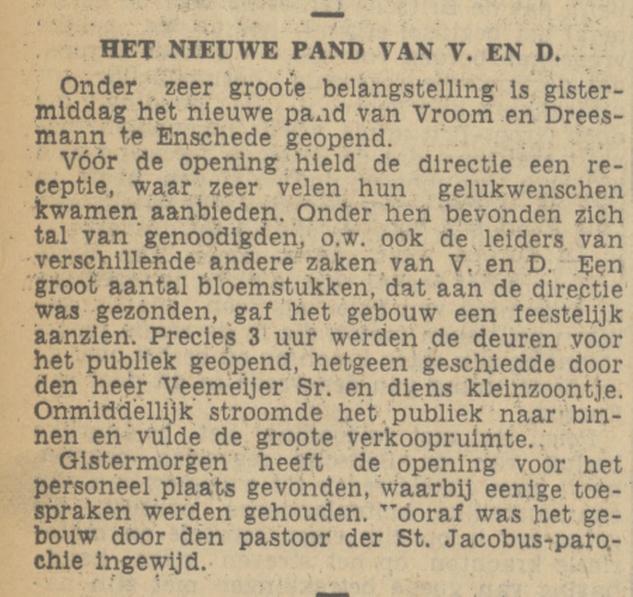 Hengelosestraat 1 hoek Brammelerstraat opening Vroom en Dreesmann krantenbericht Tubantia 1-4-1939.jpg