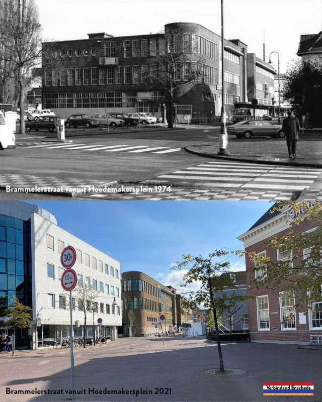 Brammelerstraat vanuit Hoedemakersplein 1974 en 2021.jpg