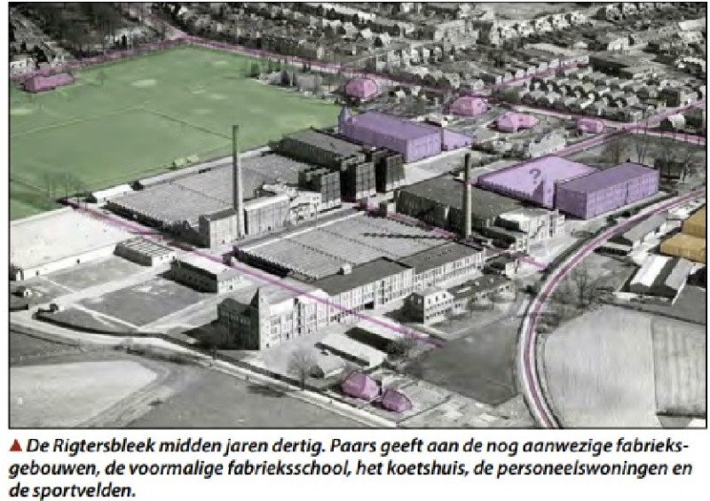 Goolkatenweg 65 Rigtersbleek jaren 30. Paars geeft aan de nog aanwezige fabrieksgebouwen, de voormalige fabrieksschool, het koetshuis, de personeelswoningen en sportvelden.jpg