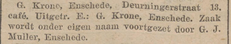 Deurningerstraat 13 cafe G. Krone later G.J. Muller krantenbericht 6-1-1928.jpg