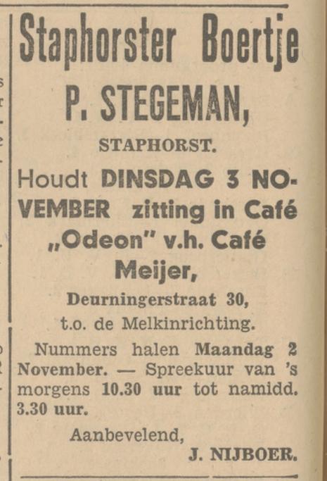Deurningerstraat 30 cafe Odeon voorheen cafe Meijer advertentie Tubantia 31-10-1931.jpg
