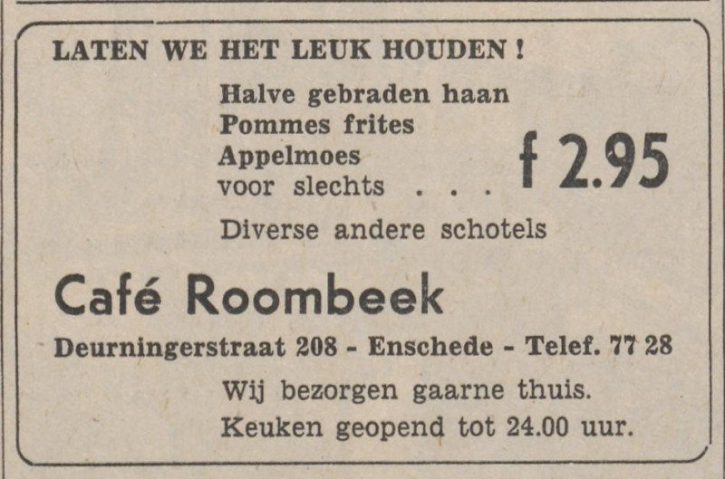 Deurningerstraat 208 cafe Roombeek advertentie Tubantia 7-2-1964.jpg