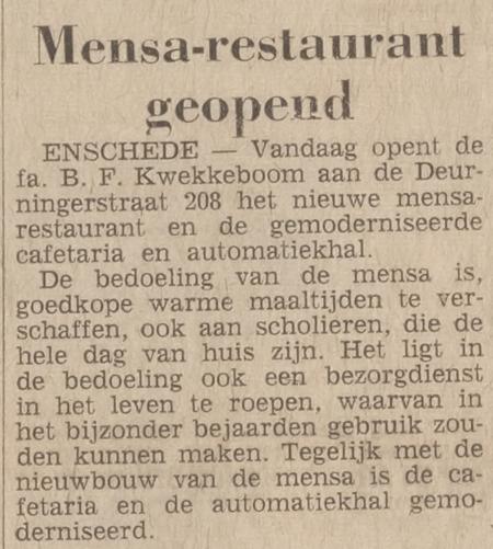 Deurningerstraat 208 restaurant en cafetaris Mensa krantenbericht Tubantia 15-11-1966.jpg