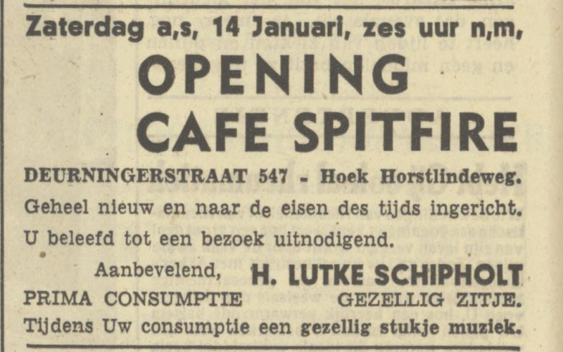 Deurningerstraat 547 hoek Horstlindeweg cafe Spitfire advertentie Tubantia 13-1-1950.jpg