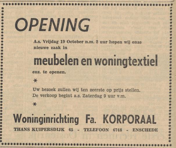 Kuipersdijk 65 woninginrichting Fa. Korporaal opening advertentie Tubantia 18-10-1956.jpg