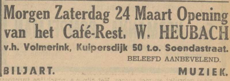 Kuipersdijk 50 cafe restaurant W. Heubach v.h. Volmerink advertentie Tubantia 22-3-1935.jpg
