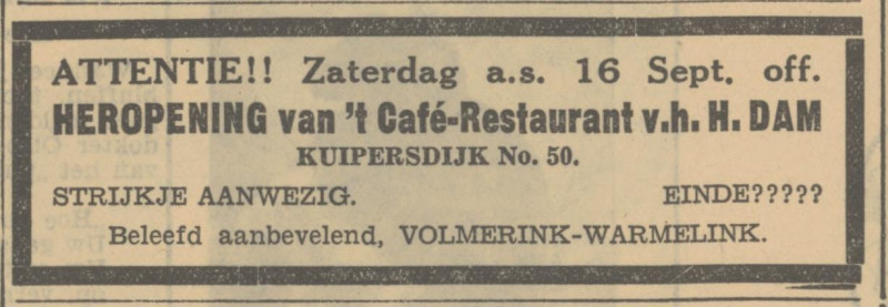 Kuipersdijk 50 cafe restaurant v.h. H. Dam eigenaar Volmerink-Warmelink advertentie Tubantia 15-9-1933.jpg