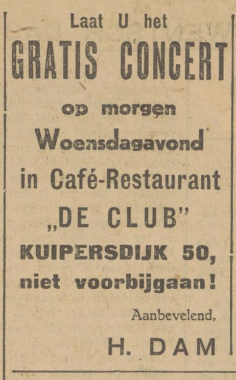 Kuipersdijk 50 cafe restaurant De Club H. Dam advertentie Tubantia 18-12-1928.jpg