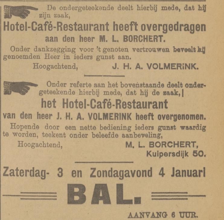 Kuipersdijk 50 Hotel cafe restaurant M.L. Borchert advertentie Tubantia 3-1-1925.jpg