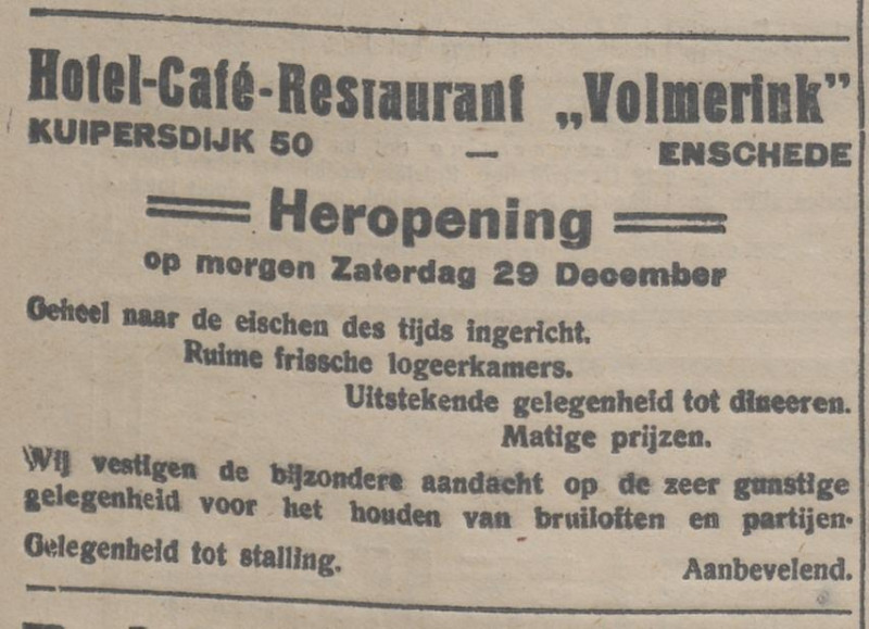 Kuipersdijk 50 heropening Hotel cafe restaurant Volmerink advertentie 28-12-1923.jpg