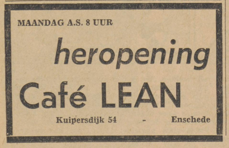 Kuipersdijk 54 cafe Lean heropening advertentie Tubantia 16-3-1963.jpg