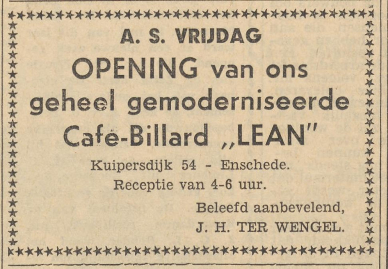 Kuipersdijk 54 cafe billard Lean eigenaar J.H. ter Wengel advertentie Tubantia 19-7-1961.jpg