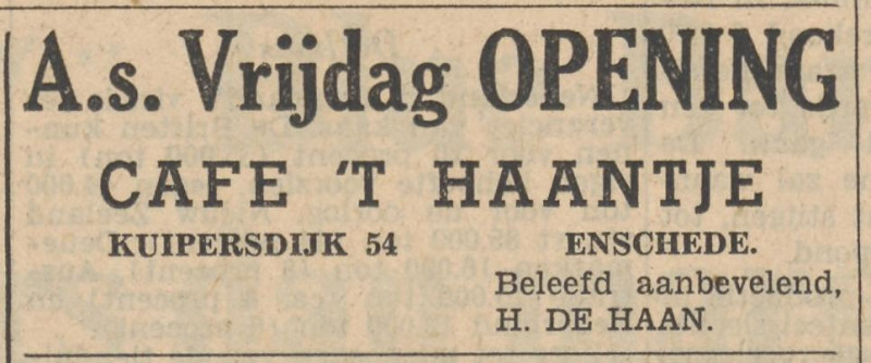 Kuipersdijk 54 cafe 't Haantje eigenaar H. de Haan advertentie Tubantia 11-2-1954.jpg