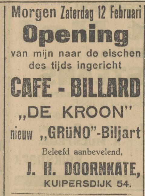 Kuipersdijk 54 cafe billard De Kroon eigenaar J.H. Doornkate advertentie Tubantia 11-2-1927.jpg