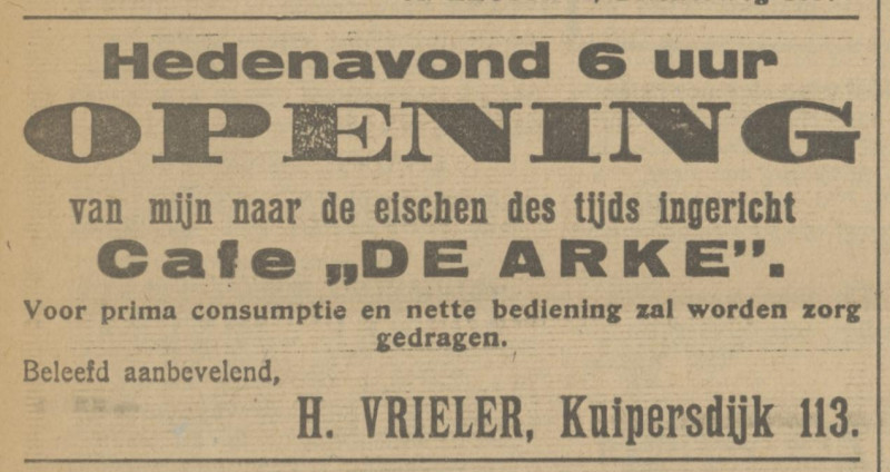 Kuipersdijk 113 cafe De Arke eigenaar H. Vrieler advertentie Tubantia 4-8-1923.jpg