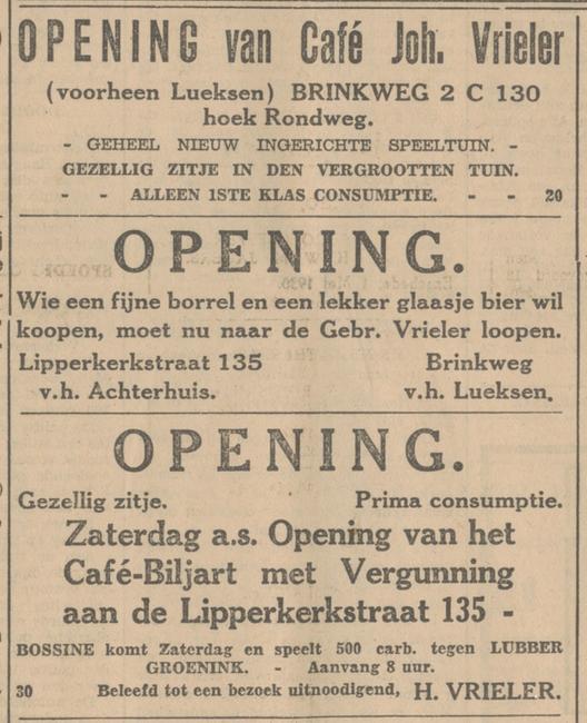 Lipperkerkstraat 135 cafe bijart H.Vrieler advertentie Tubantia 2-5-1930.jpg