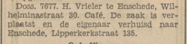Wilhelminastraat 30 cafe H. Vrieler naar Lipperkerkstraat 135 krantenbericht Tubantia 19-4-1930.jpg