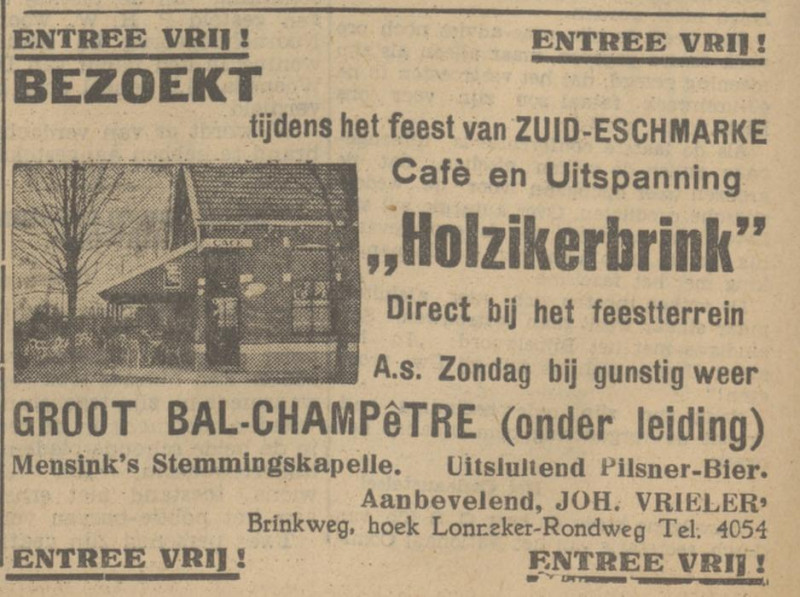 Brinkweg 2 hoek Lonneker Rondweg cafe uitspanning Holzikerbrink eigenaar Joh. Vrieler advertentie 7-7-130.jpg