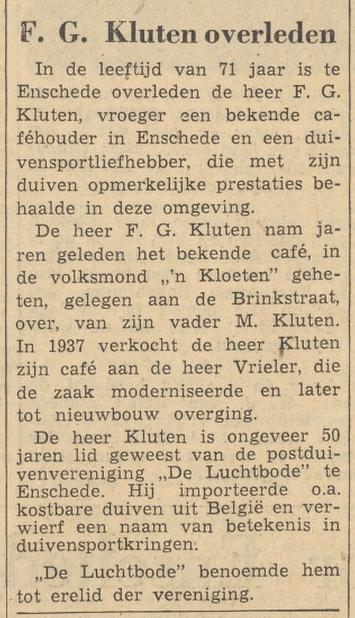 Brinkstraat cafe 'n Kloeten van F.G. Kluten krantenbericht Tubantia 26-3-1962.jpg