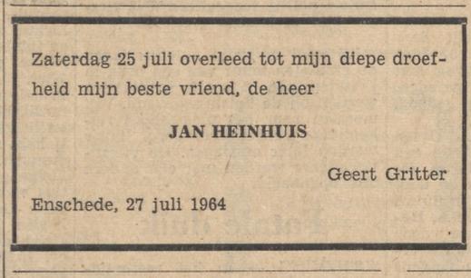 Jan Heinhuis overlijdensadvertentie Tubantia 27-6-1964 namens vriend Geert Gritter.jpg