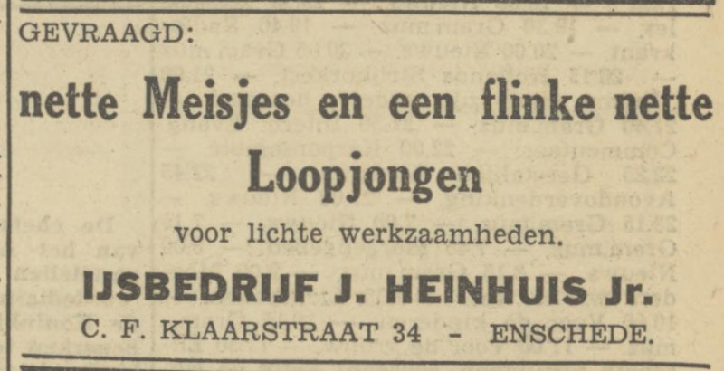 C.F. Klaarstraat 34 IJsbedrijf J. Heinhuis Jr. advertentie Tubantia 3-4-1950.jpg