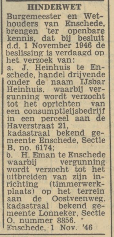 Haverstraat 21 IJsbar Heinhuis hinderwet krantenbericht Tubantia 7-11-1946.jpg