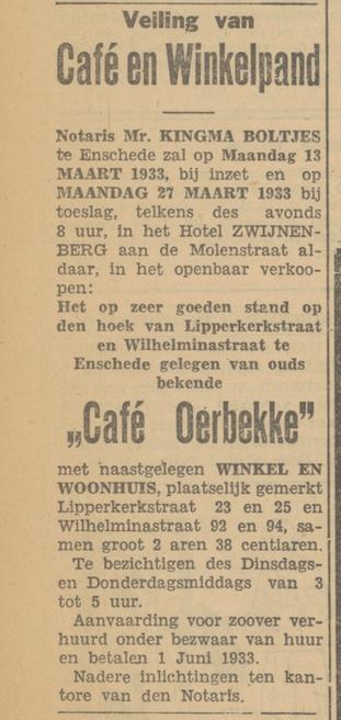 Wilhelminastraat 23-25 hoek Wilhelminastraat cafe Oerbekke advertentie Tubantia 4-3-1933.jpg