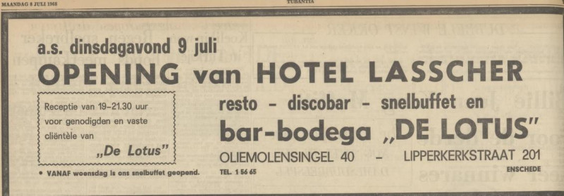 Lipperkerkstraat 201 Hotel Lasscher Bar Bodega De Lotus advertentie Tubantia 8-7-1968.jpg