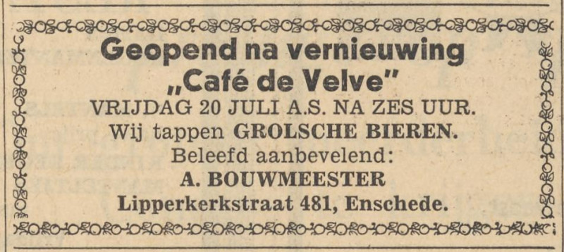 Lipperkerkstraat 481 cafe De Velver A. Bouwmeester advertentie Tubantia 19-7-1962.jpg