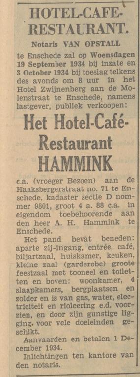 Haaksbergerstraat 71 hotel cafe restaurant Hammink voorheen Bezoen advertentie Tubantia 8-9-1934.jpg