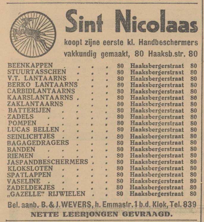 Haaksbergerstraat 80 hoek Emmastraat 1 rijwielhandel B. & J. Wevers advertentie Tubantia 27-11-1929.jpg