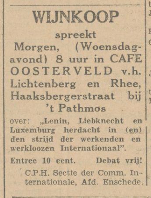 Haaksbergerstraat 243  bij 't Pathmos cafe Oosterveld v.h. Lichtenberg en Rhee advertentie Tubantia 13-1-1931.jpg