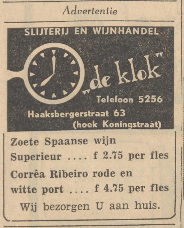 Haaksbergerstraat 63 hoek Koningstraat slijterij en wijnhandel De Klok advertentie Tubantia 2-12-1958.jpg