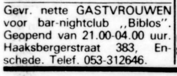 Haaksbergerstraat bar-nightclub Biblos advertentie De Telegraaf 16-2-1985.jpg